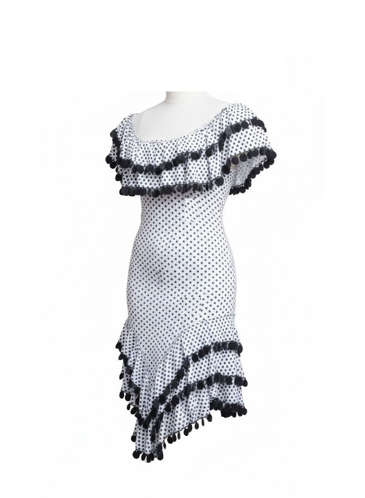 Alexandrian belly dance galabeya  a white dress with black polka dots  lycra  for women - Image 3